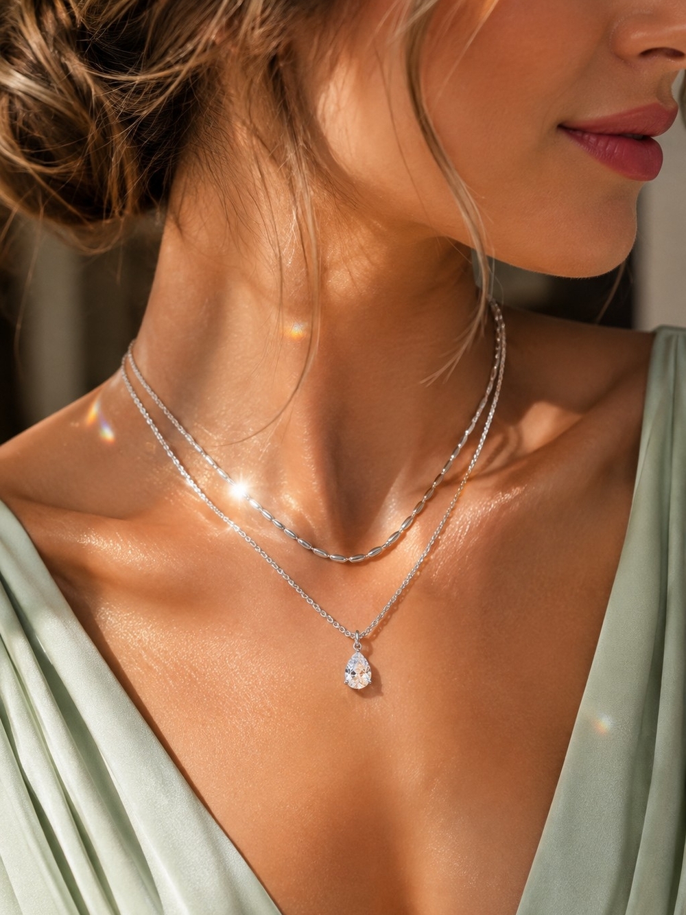 Silver Teardrop Pendant Layered Necklace - Women's Jewelry